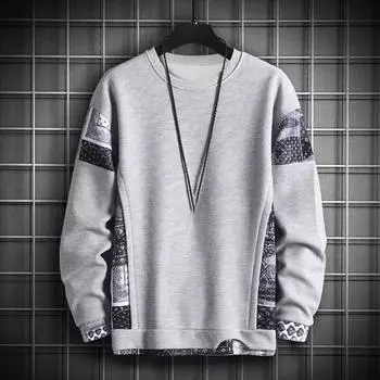 Мужская повседневная толстовка с вафельным дизайном, поддельный двухкомпонентный топ с длинными рукавами и круглым вырезом, пуловер для уличной вечеринки L светло-серый
