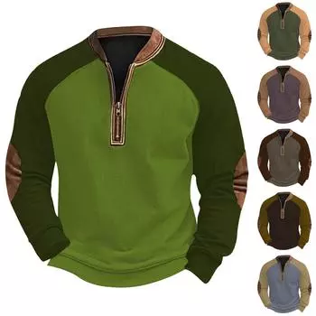 Мужская повседневная толстовка в стиле ретро с цветными блоками на молнии L армия зеленый