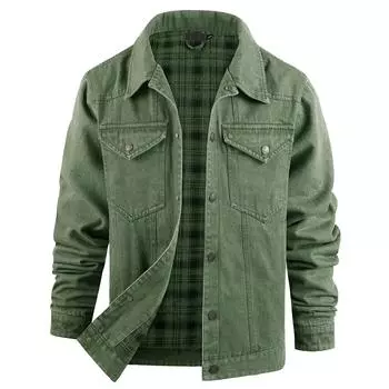 Мужская повседневная уличная куртка с карманами, однотонная, модная, ковбойская, фланелевая L армия зеленый