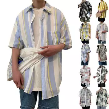 Мужская повседневная универсальная рубашка с короткими рукавами и принтом на лацканах, топ L