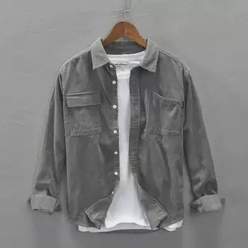 Мужская повседневная вельветовая куртка с длинным рукавом — гонконгский стиль, осенняя мода, универсальная и свободная посадка M темно-серого