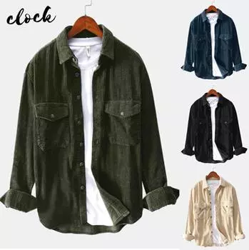 Мужская повседневная вельветовая рубашка с длинным рукавом и отложным воротником, стильная верхняя блузка M чёрный