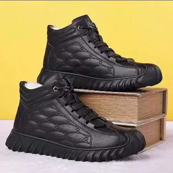 Мужская практичная хлопковая обувь, новая зимняя теплая кашемировая обувь с высоким берцем, теплая хлопковая толстая обувь для папы, мужская обувь 39 чёрный