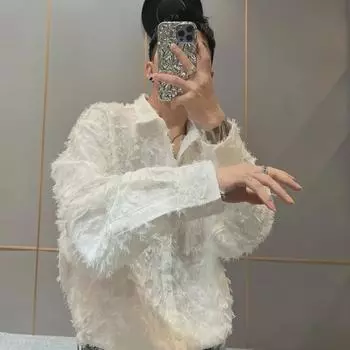 Мужская приталенная черная рубашка с длинным рукавом - модный корейский парикмахерский стиль Extra Large чёрный