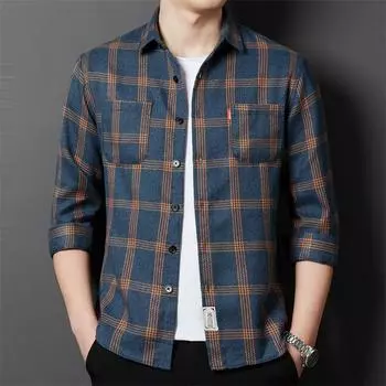 Мужская приталенная модная повседневная рубашка с длинными рукавами в корейском стиле, рубашка в клетку, мужская рубашка M