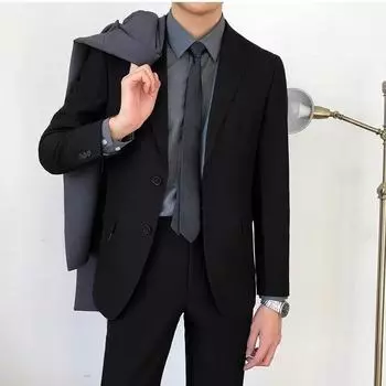 Мужская приталенная однотонная куртка - повседневный и официальный корейский стиль, наряд для жениха больших размеров 3XL чёрный