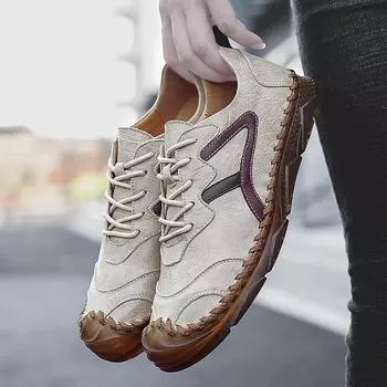 Мужская прочная и водонепроницаемая ручная работа удобная классическая стильная повседневная обувь из кожи на плоской подошве для прогулок на все сезоны US 5(EUR 38) бежевый