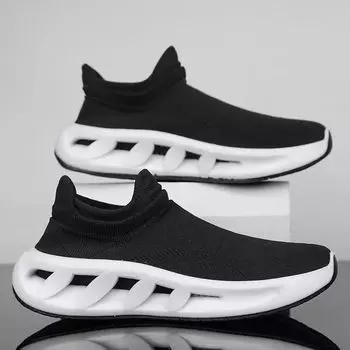 Мужская прогулочная обувь без шнуровки Модные кроссовки Легкие кроссовки для мужчин Трикотажная сетка для тренировок Дышащие повседневные нескользящие теннисные уличные кроссовки 39 чёрный