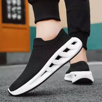 Мужская прогулочная обувь без шнуровки, вязаная теннисная обувь, нескользящая обувь для бега, легкая тренировочная обувь, дышащие модные мужские кроссовки для бега 39 чёрный
