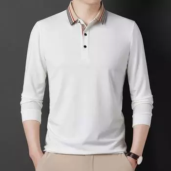Мужская простая футболка с длинными рукавами, городская деловая однотонная свободная хлопковая футболка с лацканами, удобный осенний топ M