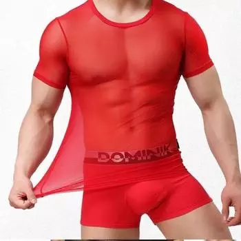 Мужская прозрачная сексуальная одежда Лето Новые дышащие топы с круглым вырезом Американский стиль Тонкая футболка L красный