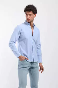 Мужская прямая рубашка с длинным рукавом синяя