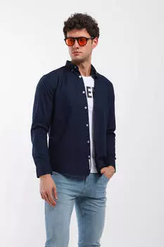 Мужская прямая рубашка с длинным рукавом темно-синяя