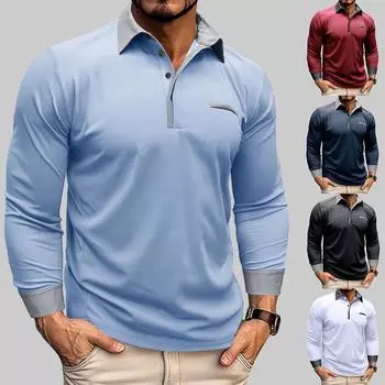 Мужская пуговица с обычным отложным воротником, повседневная футболка из полиэстера с длинным рукавом и пряжкой, классический трикотаж, весна/осень, обычный пуловер, однотонный отложной воротник M чёрный