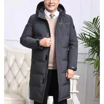 Мужская пуховая куртка большого размера с капюшоном, длинная зимняя плюс бархатная толстая теплая хлопковая куртка для папы, свободный повседневный топ, однотонные универсальные пальто на молнии XXXL