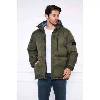 Мужская пуховая куртка с капюшоном и нагрудным карманом цвета хаки