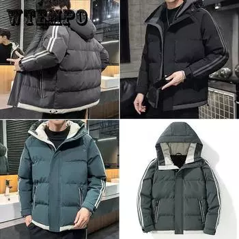 Мужская пуховая куртка с капюшоном, обычная зимняя плюс бархатная толстая теплая хлопковая куртка, мужская свободная повседневная верхняя одежда в полоску с вышивкой, универсальное пальто на молнии и пуговицах 4XL зелёный