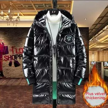Мужская пуховая куртка с капюшоном S Длинная зимняя плюс бархатная толстая теплая хлопковая куртка Мужская свободная повседневная верхняя одежда Однотонные универсальные пальто Ветровка на молнии L чёрный