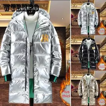 Мужская пуховая куртка с капюшоном W Длинная зимняя плюс бархатная толстая теплая хлопковая куртка Мужские свободные повседневные топы Однотонные универсальные пальто Ветровка на молнии 5XL золотой
