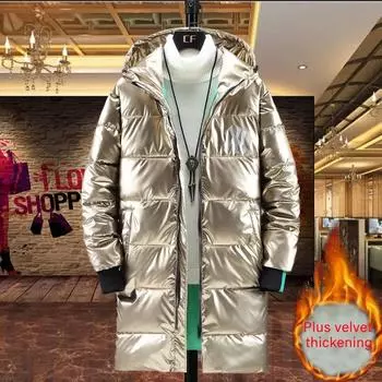 Мужская пуховая куртка с капюшоном W Длинная зимняя плюс бархатная толстая теплая хлопковая куртка Мужские свободные повседневные топы Однотонные универсальные пальто Ветровка на молнии 3XL чёрный