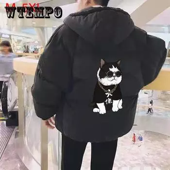 Мужская пуховая куртка с капюшоном, зимняя толстая теплая хлопковая куртка, пальто на молнии с мультяшным принтом и вышивкой букв, куртка-хлеб 3XL