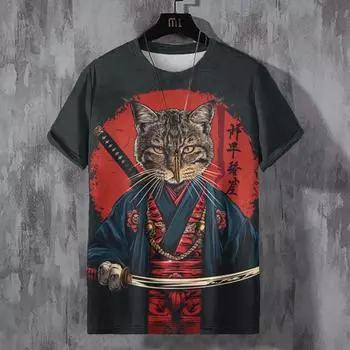 Мужская японская футболка с принтом кота-самурая, повседневная футболка с короткими рукавами и 3D-принтом 100cm