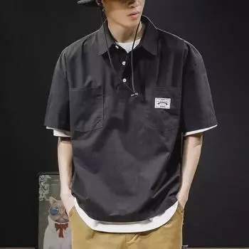 Мужская японская модная свободная летняя рубашка-поло, короткий рукав, большой размер, повседневная черная футболка 3XL темно-коричневого