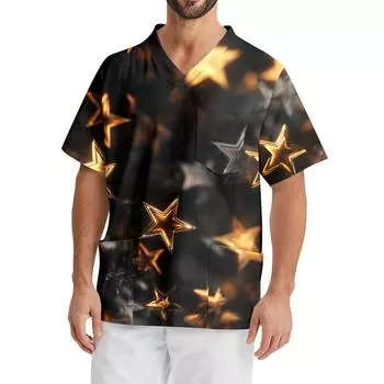 Мужская рабочая блузка с короткими рукавами и v-образным вырезом с принтом, топ с нагрудным карманом L