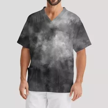 Мужская рабочая блузка с короткими рукавами и v-образным вырезом с принтом, топ с нагрудным карманом L чёрный