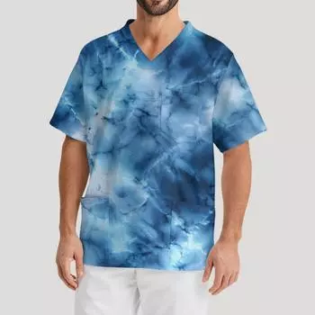 Мужская рабочая блузка с короткими рукавами и v-образным вырезом с принтом, топ с нагрудным карманом L синий