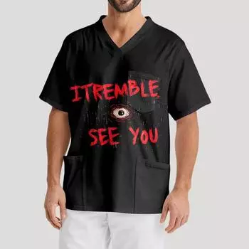 Мужская рабочая блузка с короткими рукавами и v-образным вырезом с принтом, топ с нагрудным карманом S винный