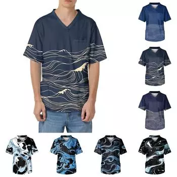 Мужская рабочая блузка с короткими рукавами и v-образным вырезом с принтом, топ с нагрудным карманом L бежевый