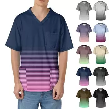 Мужская рабочая блузка с короткими рукавами и v-образным вырезом с принтом, топ с нагрудным карманом L бежевый