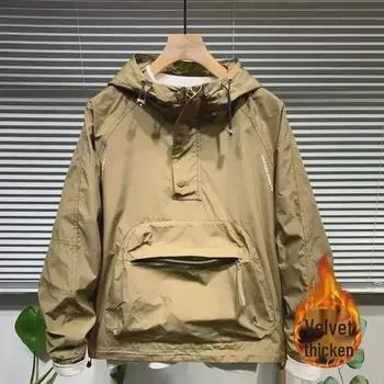 Мужская рабочая куртка с капюшоном и полузастежкой-молнией - повседневный однотонный пуловер L