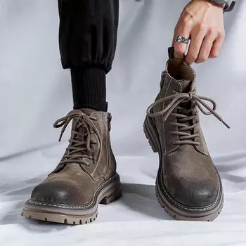 Мужская рабочая обувь в британском стиле, кожаные туфли с большим носком, высокие повседневные ботинки на шнуровке, нескользящие резиновые мужские ботинки 38 серый