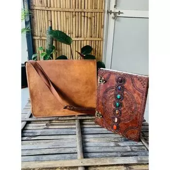 Мужская редкая винтажная сумка для ноутбука из козьей кожи ручной работы ( Бесплатный кожаный ежедневник 7 камней коричневого цвета, размер - 10 x 13 дюймов ) 11 x 9 x 3 in коричневый