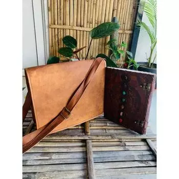 Мужская редкая винтажная сумка для ноутбука из козьей кожи ручной работы ( Бесплатный кожаный ежедневник 7 камней коричневого цвета, размер - 10 x 13 дюймов ) 11 x 9 x 3 in коричневый