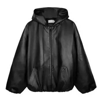 Мужская ретро черная куртка с капюшоном из искусственной кожи - Весенне-осенний бейсбольный стиль L чёрный