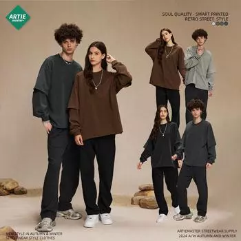 Мужская ретро-футболка «два в одном» с длинными рукавами и закругленным воротом (Коллекция осень 2024) XL