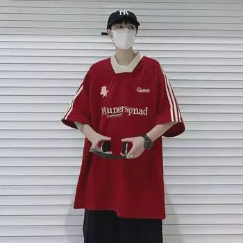 Мужская ретро футболка с V-образным вырезом и коротким рукавом свободного покроя Red (Embroidery)