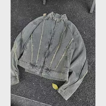 Мужская ретро-куртка из деконструированного стираного денима в байкерском стиле - воротник-стойка, тренд весна/осень L синий