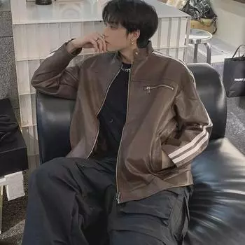 «Мужская ретро-куртка из кожи майяра в полоску 2024 года — весна/осень, высококачественный дизайн плеч из полиуретана» L чёрный