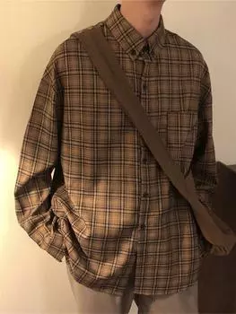 Мужская ретро-куртка-рубашка в клетку кофейного цвета с длинным рукавом в стиле Cityboy 2XL