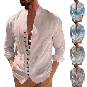 Мужская ретро повседневная свободная рубашка с длинными рукавами и принтом, модный топ с воротником-стойкой XXXL циан