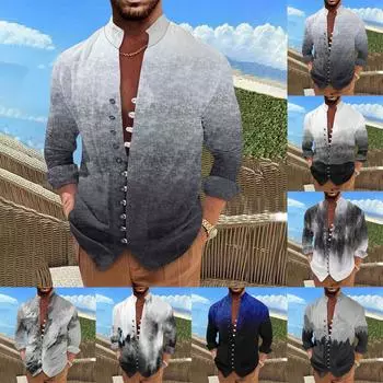 Мужская ретро повседневная свободная рубашка с длинными рукавами и принтом, модный топ с воротником-стойкой L чёрный