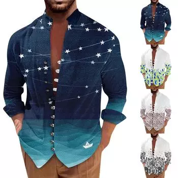 Мужская ретро повседневная свободная рубашка с длинными рукавами и принтом, модный топ с воротником-стойкой XXXXL