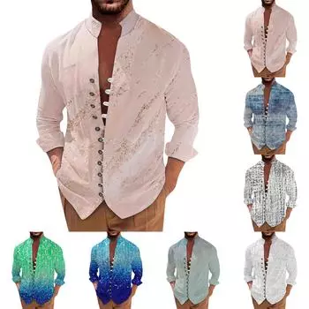 Мужская ретро повседневная свободная рубашка с длинными рукавами и принтом, модный топ с воротником-стойкой L бежевый