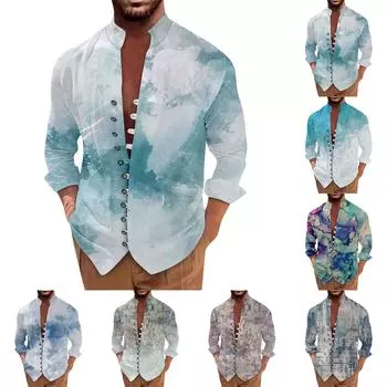 Мужская ретро повседневная свободная рубашка с длинными рукавами и принтом, модный топ с воротником-стойкой L циан