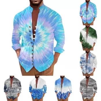Мужская ретро повседневная свободная рубашка с длинными рукавами и принтом, модный топ с воротником-стойкой M