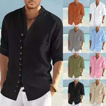 Мужская ретро повседневная свободная рубашка с длинными рукавами и принтом, модный топ с воротником-стойкой XL чёрный